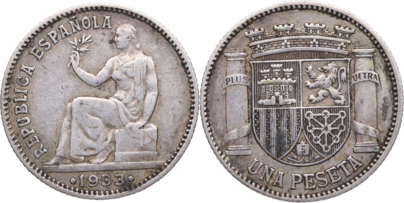 1933*34. II República (1931-1939). 1 Peseta. A & C 34. Ag. 4,94 g. Reverso girad...