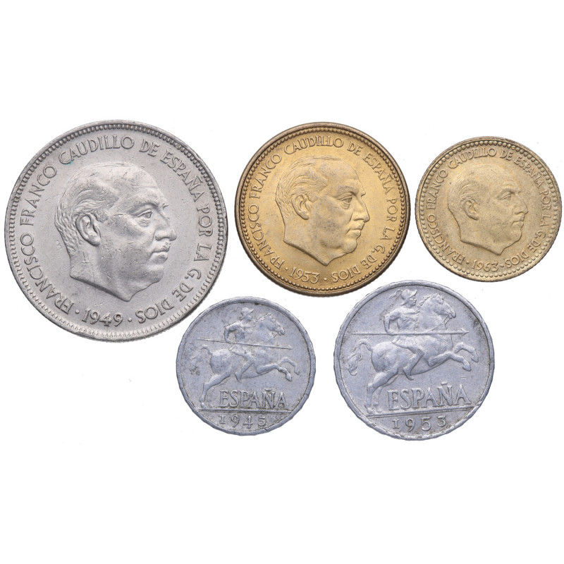 1945. Franco (1939-1975). Lote 10 céntimos 1945, 1953, 5 ptas 1949 , 1 pta 1963 ...