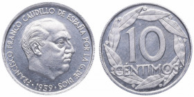 1959. Franco (1939-1975). 10 Céntimos . A&C 16. Cu-Ni. Error Reverso girado 180º. SC. Est.150.