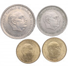 1957*60 y *69, y 1963*65. Franco (1939-1975). Madrid. Lote de 4 monedas: 1 peseta *65 (dos), 25p *69 y 50p *60. Ni-Cu. MBC+, SC y SC-. Est.15.
