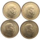 1966*72. Franco (1939-1975). Lote de 4 monedas de 1 Peseta. A&C 73. Al/Cu. Error exceso de metal sobre las alas del águila . SC. Est.25.