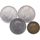 1949, 1953, 1975 y 1980. Franco (1939-1975). Lote de 4 monedas. 5 ptas 1949, 2,5 ptas 1953, 100 ptas 1975 y 1980. .. MBC+ a SC. Est.100.