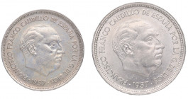 1957*60 y *66. Franco (1939-1975). 2 monedas de 25 y 5 Pesetas. Cu-Ni. Ligeras marquitas. EBC+. Est.20.
