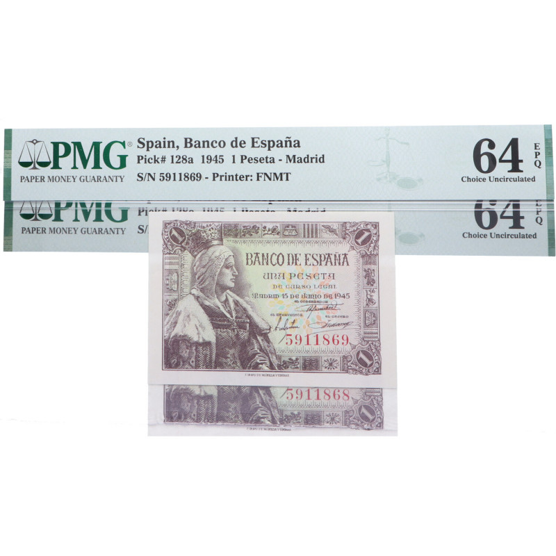 1945. Estado Español (1936-1975). 1 Peseta. SIN SERIE. Encapsulado PMG 64 EPQ (P...