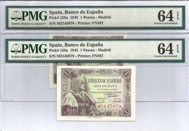 1945. Estado Español (1936-1975). 1 Peseta. Pick 128a. Serie M (Ultima). Pareja ...