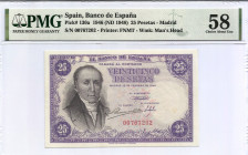 1946. Estado Español (1936-1975). 25 Pesetas. Pick 130a. Sin serie. Encapsulado por PMG en 58. EBC+. Est.100.
