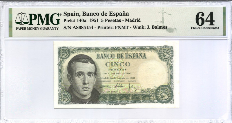 1951. 5 Pesetas. Pick 140a. Serie A. Encapsulado por PMG en 64. SC. Est.40.