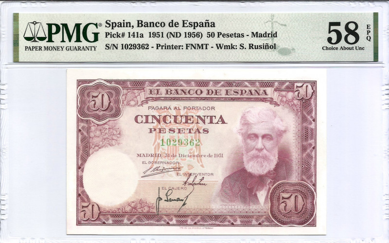 1951. Estado Español (1936-1975). 50 Pesetas. Pick 141a. Sin serie. Encapsulado ...