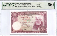 1951. Estado Español (1936-1975). 50 Pesetas. Pick 141a. Serie A. Encapsulado por PMG en 66 EPQ. SC. Est.180.