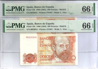 1980. Juan Carlos I (1975-2014). 200 Pesetas. 156. Sin serie. Pareja Encapsulados por PMG ambos en 66 EPQ. SC. Est.80.