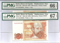 1980. Juan Carlos I (1975-2014). 200 Pesetas. Pick 156*. Serie 9A. Pareja Encapsulados por PMG en 66 y 67 EPQ. SC. Est.90.