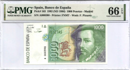 1992. Juan Carlos I (1975-2014). 1000 Pesetas. Pick 163. Serie A. Pareja Encapsulado por PMG en 66 EPQ. SC. Est.50.