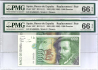 1992. Juan Carlos I (1975-2014). 1000 Pesetas. Pick 163*. Serie 9 A. Pareja Encapsulados por PMG ambos en 66 EPQ. SC. Est.210.