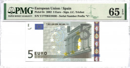 2002. España. 5 Euros. Pick 8v. Encapsulado por PMG en 65 EPQ. SC. Est.40.