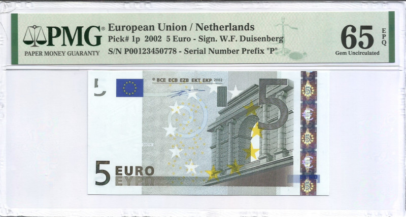 2002. Holanda. 5 Euros. Pick 1p. Encapsulado por PMG en 65 EPQ. SC. Est.60.