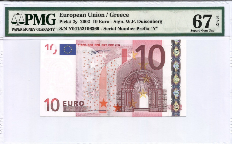 2002. Grecia. 10 Euros. Pick 2y. Encapsulado por PMG en 67 EPQ. SC. Est.100.