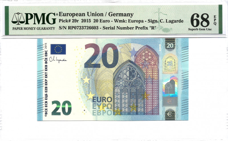 2015. Alemania. 20 Euros. Pick 29r. Encapsulado por PMG en 68 EPQ. SC. Est.90.