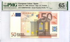 2002. España. 50 Euros. Pick 11v. Encapsulado por PMG en 65 EPQ. SC. Est.150.