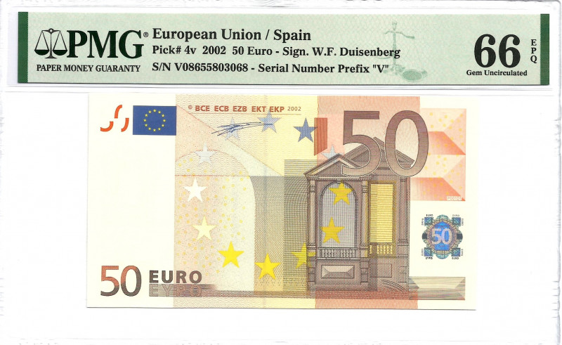 2002. España. 50 Euros. Pick 4v. RARO. P001. Encapsulado por PMG en 66 EPQ. SC. ...