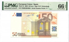 2002. España. 50 Euros. Pick 4v. RARO. P001. Encapsulado por PMG en 66 EPQ. SC. Est.600.