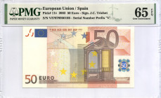 2002. España. 50 Euros. Pick 11V. Encapsulado por PMG en 66 M035 EPQ. SC. Est.180.