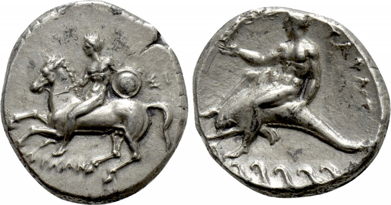 CALABRIA. Tarentum. Nomos (Circa 302-280 BC).

Obv: Youth, holding shield, on ...