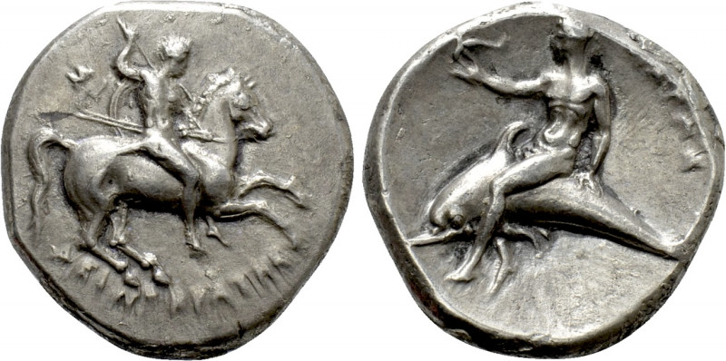 CALABRIA. Tarentum. Nomos (Circa 302-280 BC). 

Obv: Warrior, holding shield a...