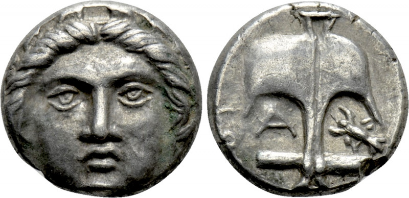 THRACE. Apollonia Pontika. Diobol (Circa 375-335 BC). 

Obv: Facing laureate h...
