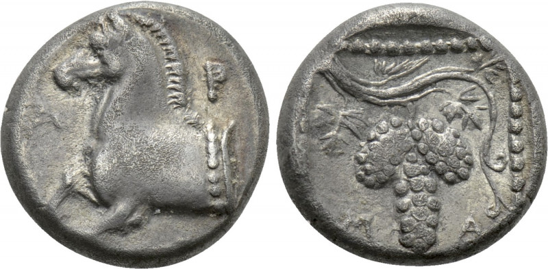 THRACE. Maroneia. Triobol (398-347 BC). 

Obv: H - P. 
Forepart of horse left...