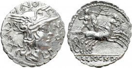 L. POMPONIUS CN. F., L. LICINIUS AND CN. DOMITIUS. Serrate Denarius (118 BC). Rome