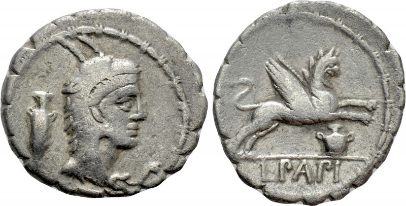 L. PAPIUS. Serrate Denarius (79 BC). Rome. 

Obv: Head of Juno Sospita right, ...