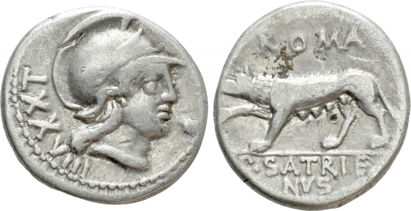P. SATRIENUS. Denarius (77 BC). Rome. 

Obv: Helmeted head of Mars right; cont...