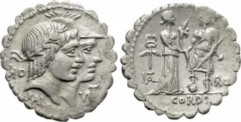 Q. FUFIUS CALENUS and MUCIUS CORDUS. Serrate Denarius (68 BC). Rome.

Obv: HO ...