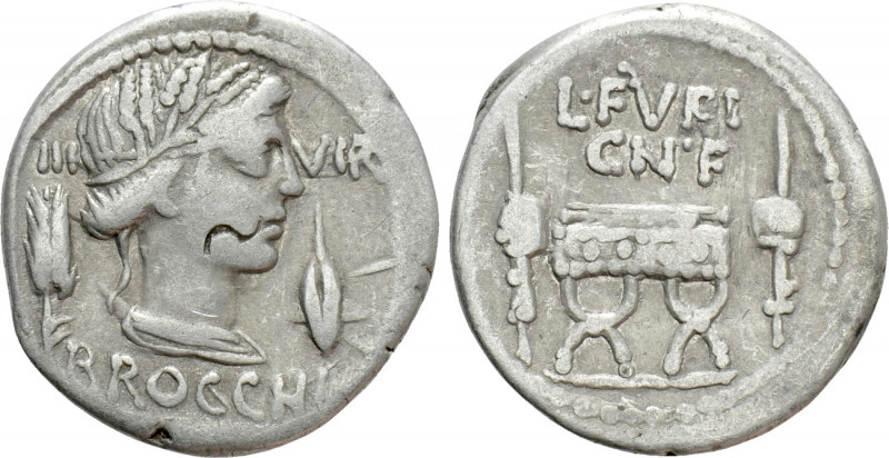 L. FURIUS CN.F. BROCCHUS. Denarius (63 BC). Rome. 

Obv: III - VIR / BROCCHI. ...