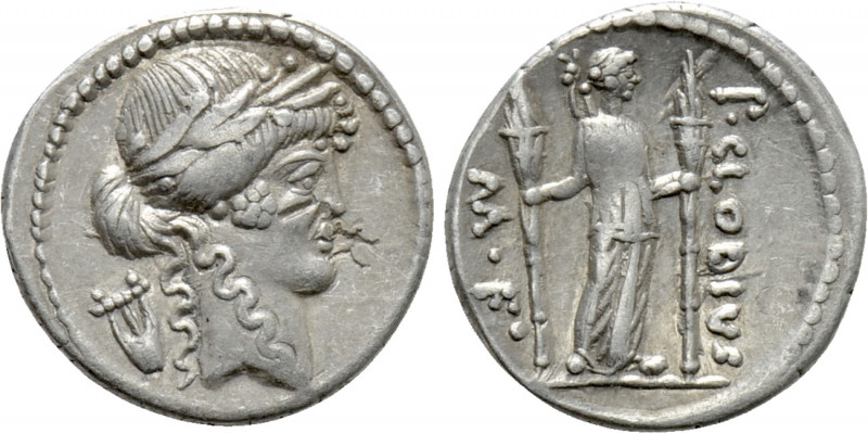 P. CLODIUS M.F. TURRINUS. Denarius (42 BC). Rome. 

Obv: Laureate head of Apol...