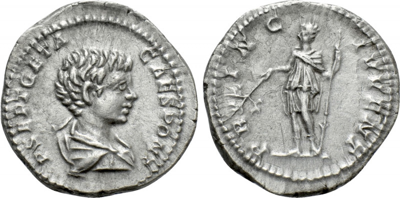 GETA (Caesar, 198-209). Denarius. Rome. 

Obv: P SEPT GETA CAES PONT. 
Barehe...