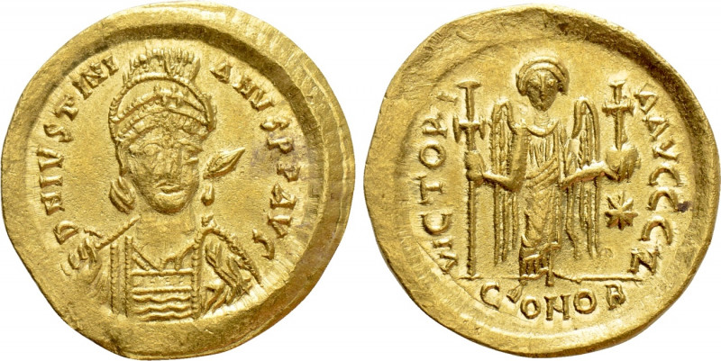 JUSTINIAN I (527-565). GOLD Solidus. Constantinople. 

Obv: D N IVSTINIANVS P ...