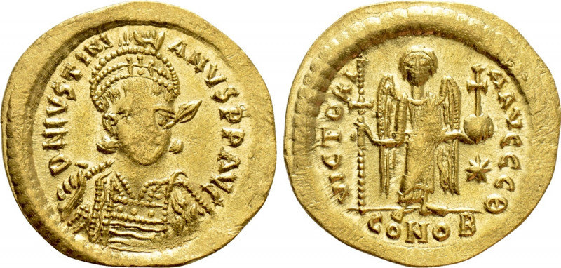 JUSTINIAN I (527-565). GOLD Solidus. Constantinople. 

Obv: D N IVSTINIANVS P ...