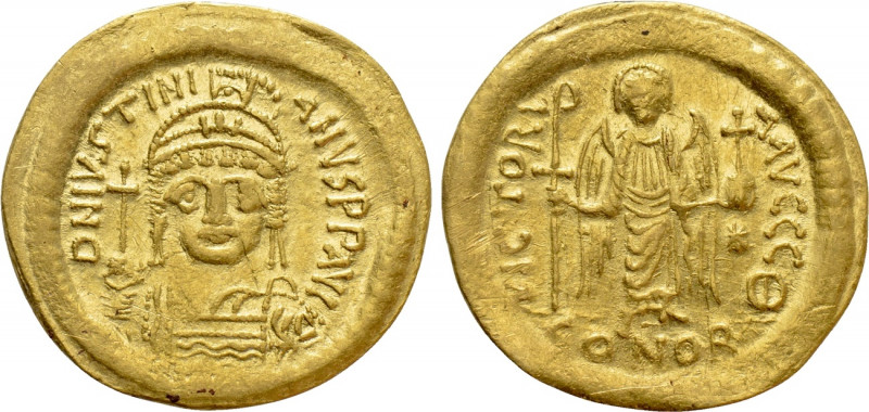 JUSTINIAN I (527-565). GOLD Solidus. Constantinople. 

Obv: D N IVSTINIANVS P ...