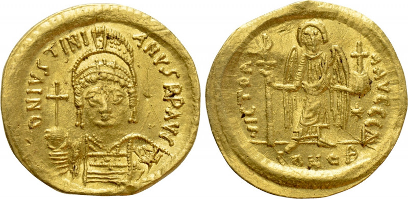 JUSTINIAN I (527-565). GOLD Solidus. Constantinople. 

Obv: D N IVSTINIANVS P ...