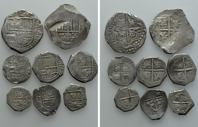 8 Cob Coins of Spain. 

Obv: .
Rev: .

. 

Condition: See picture.

Wei...