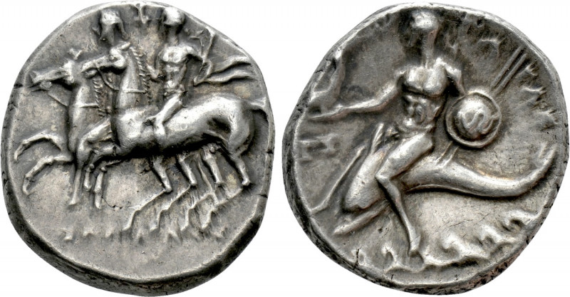 CALABRIA. Tarentum. Nomos (Circa 280-272 BC). 

Obv: The Dioskouroi riding lef...
