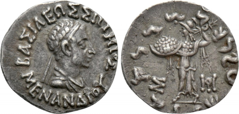 KINGS OF BAKTRIA. Menander (Circa 155-130 BC). Drachm. 

Obv: ΒΑΣΙΛΕΟΣ ΣΟTHPOΣ...