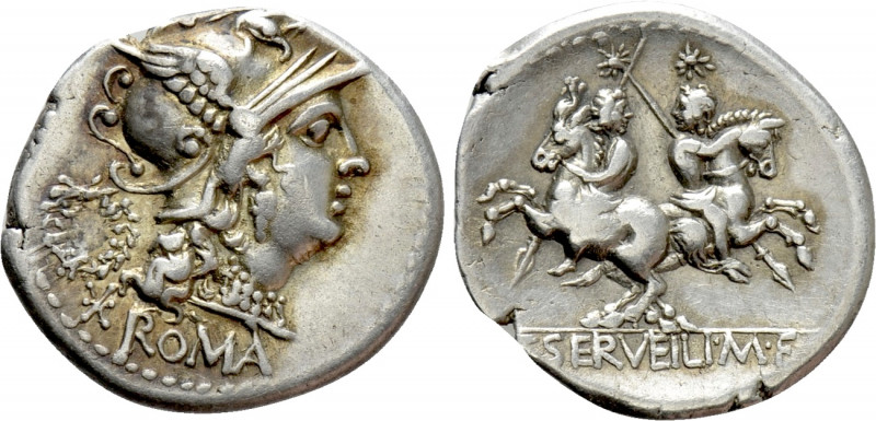 C. SERVILIUS M. F. Denarius (136 BC). Rome. 

Obv: ROMA. 
Helmeted head of Ro...