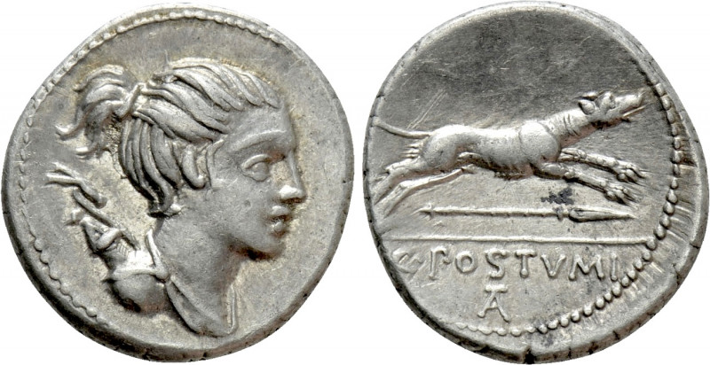C. POSTUMIUS. Denarius (73 BC). Rome. 

Obv: Draped bust of Diana right, with ...