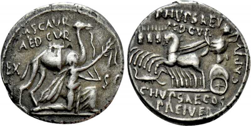 M. AEMILIUS SCAURUS and P. PLAUTIUS HYPSAEUS. Denarius (58 BC). Rome. 

Obv: M...