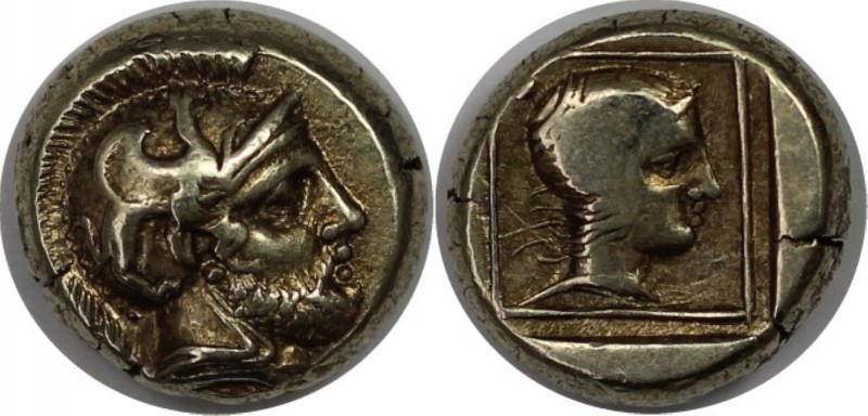 Griechische Münzen, LESBOS, Mytilene. EL Hekte Circa 412-378 v. Chr. Kopf der At...