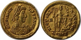 Römische Münzen, MÜNZEN DER RÖMISCHEN KAISERZEIT. Honorius, 393 - 423 n. Chr. Solidus 402 - 406 n. Chr. Ravenna, Vs.: D N HONORI-VS P F AVG, drapierte...