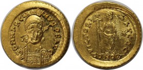 Römische Münzen, MÜNZEN DER RÖMISCHEN KAISERZEIT. Marcianus (450-457 n. Chr). AV Solidus (4,49 g). Konstantinopel, 450-457 n. Chr. Diademe, helmeted u...