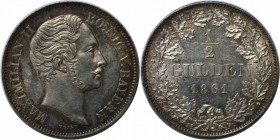 Altdeutsche Münzen und Medaillen, BAYERN / BAVARIA. Maximilian II. Joseph (1848-1864). 1/2 Gulden 1861, Silber. Jaeger 81. AKS 152. Vorzüglich-stempel...